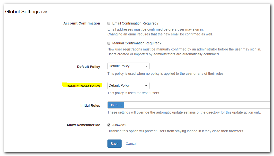 Create a default reset policy