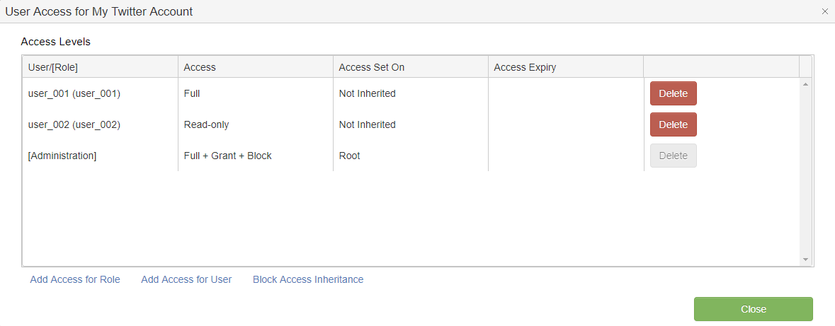 User Access window sample