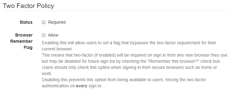 Two Factor Policy Settings