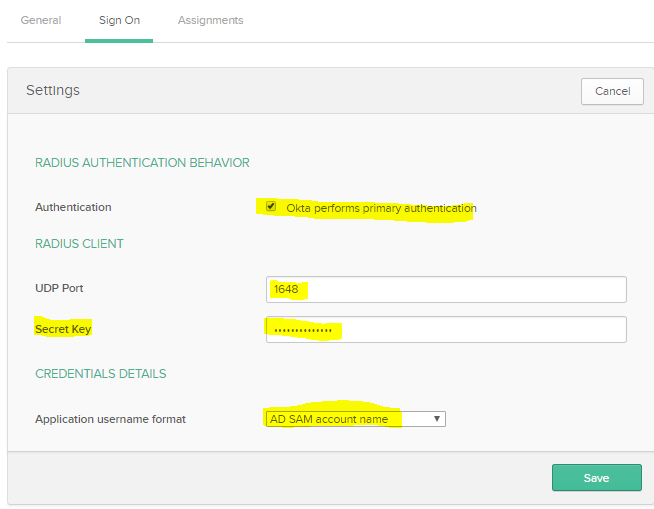 Sign On RADIUS Configuration