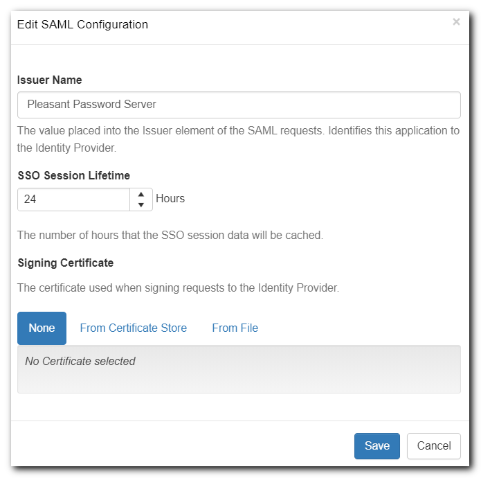 SAML Configuration Certificate